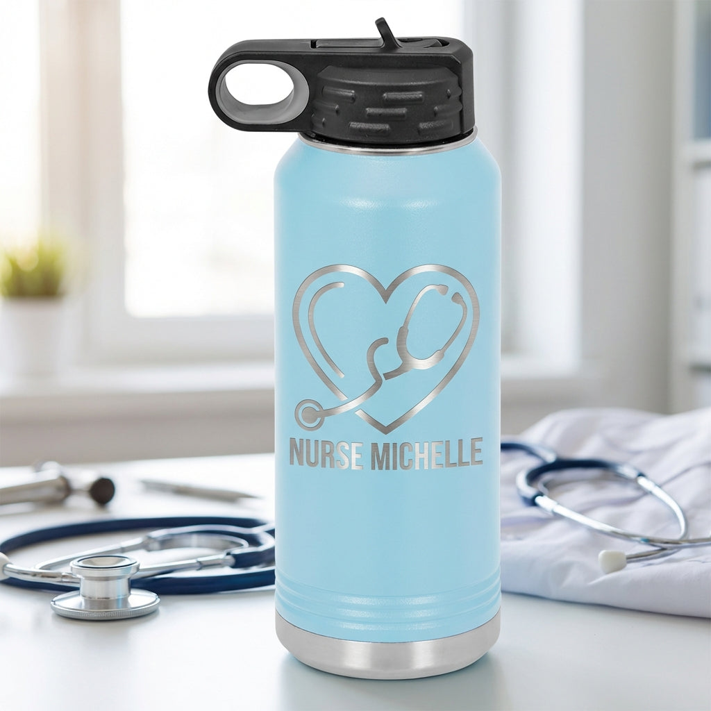 Personalized Nurse Water Bottle Gift - Nursing School Graduation Thank You - Custom Stethoscope Heart Laser Engraved 32oz - View 6