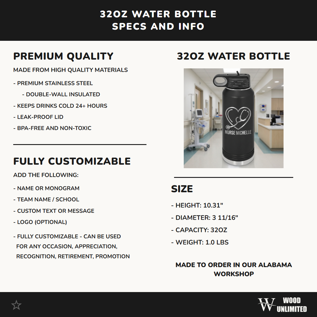 Personalized Nurse Water Bottle Gift - Nursing School Graduation Thank You - Custom Stethoscope Heart Laser Engraved 32oz
