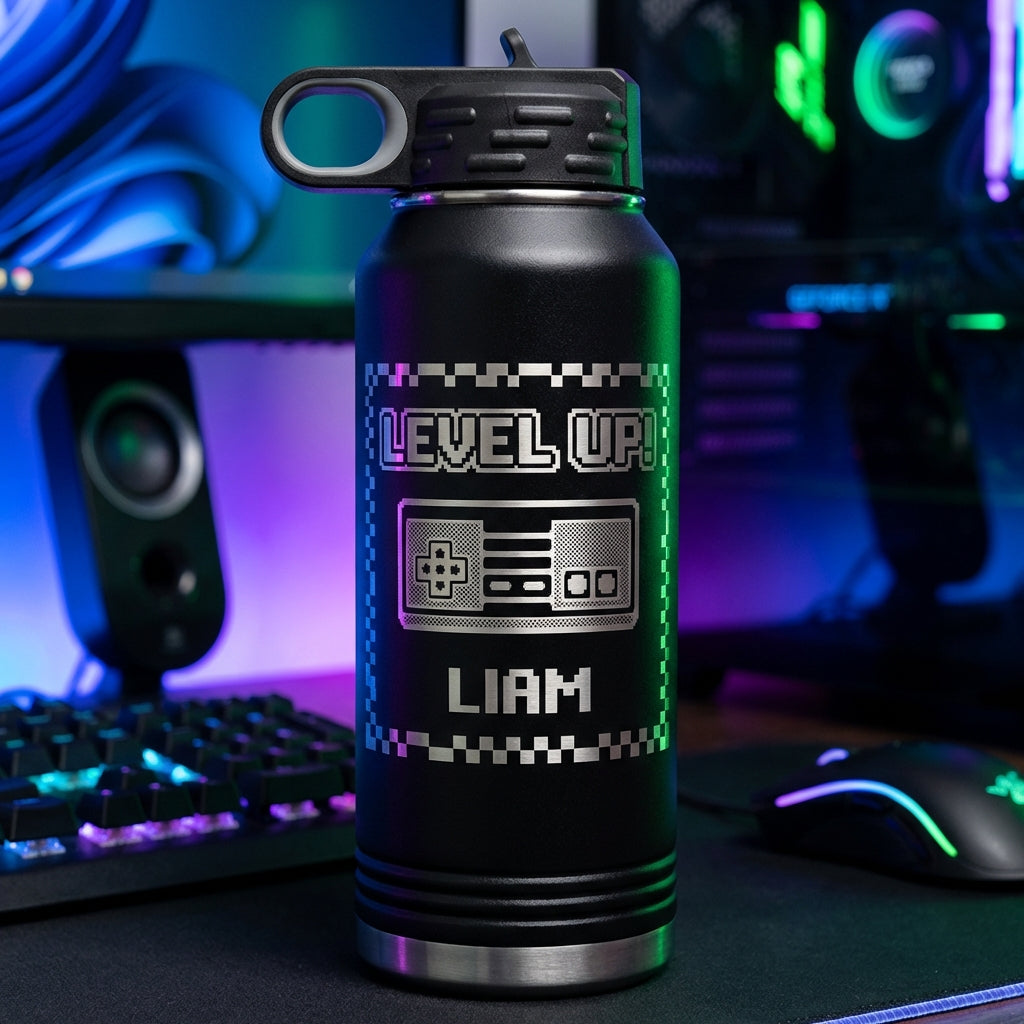 Personalized Gamer Water Bottle Gift - Level Up Video Game Controller - Custom Laser Engraved Insulated Bottle for Gamers & Players - View 1