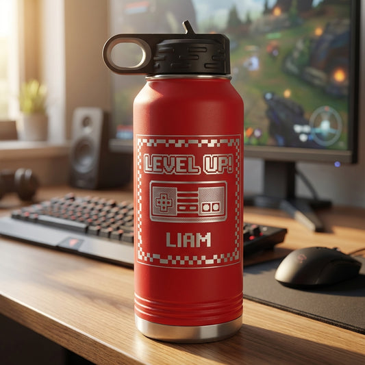 Personalized Gamer Water Bottle Gift - Level Up Video Game Controller - Custom Laser Engraved Insulated Bottle for Gamers & Players - View 2