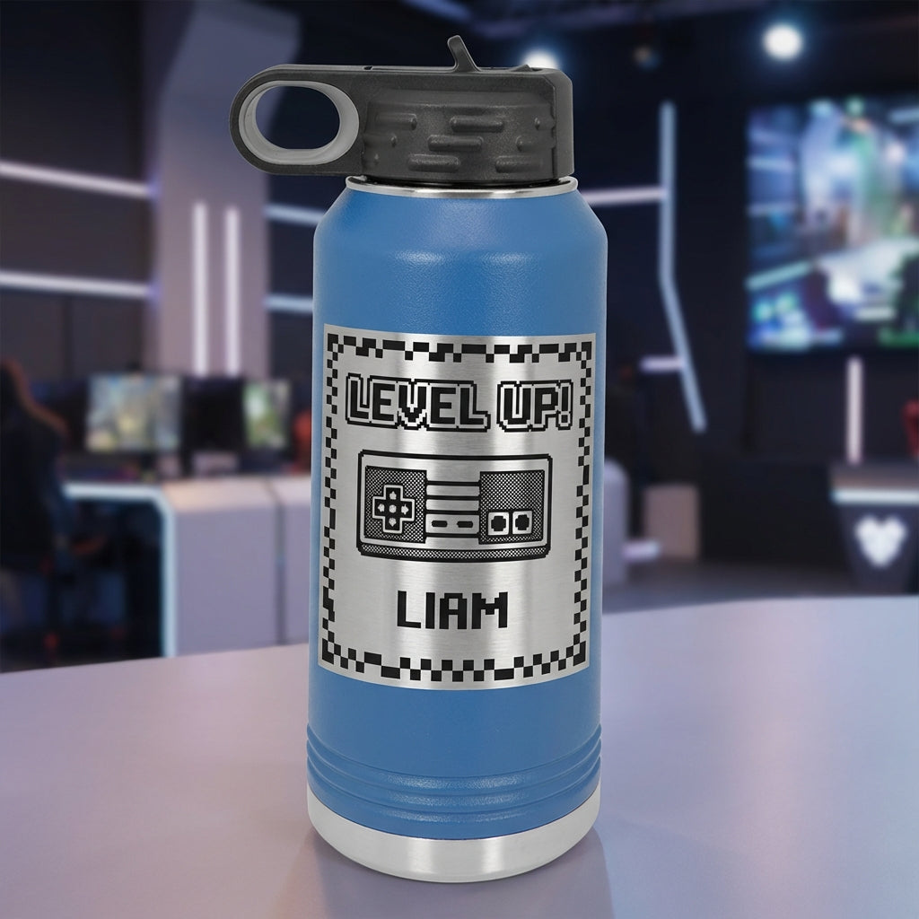 Personalized Gamer Water Bottle Gift - Level Up Video Game Controller - Custom Laser Engraved Insulated Bottle for Gamers & Players - View 3