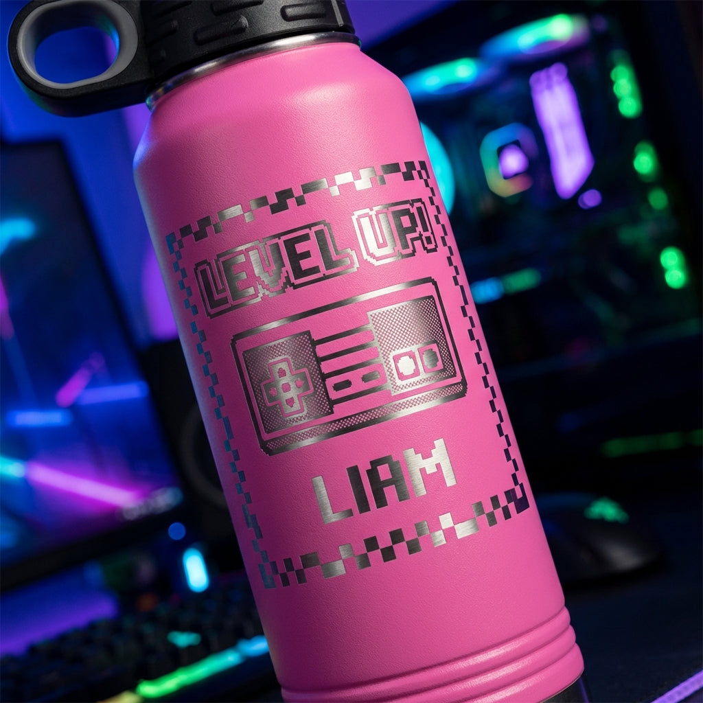Personalized Gamer Water Bottle Gift - Level Up Video Game Controller - Custom Laser Engraved Insulated Bottle for Gamers & Players - View 4