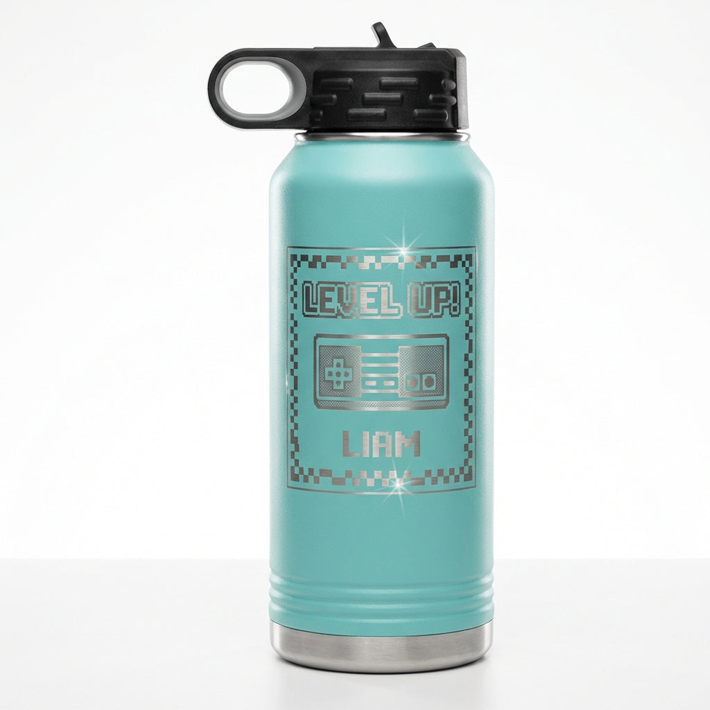 Personalized Gamer Water Bottle Gift - Level Up Video Game Controller - Custom Laser Engraved Insulated Bottle for Gamers & Players - View 5