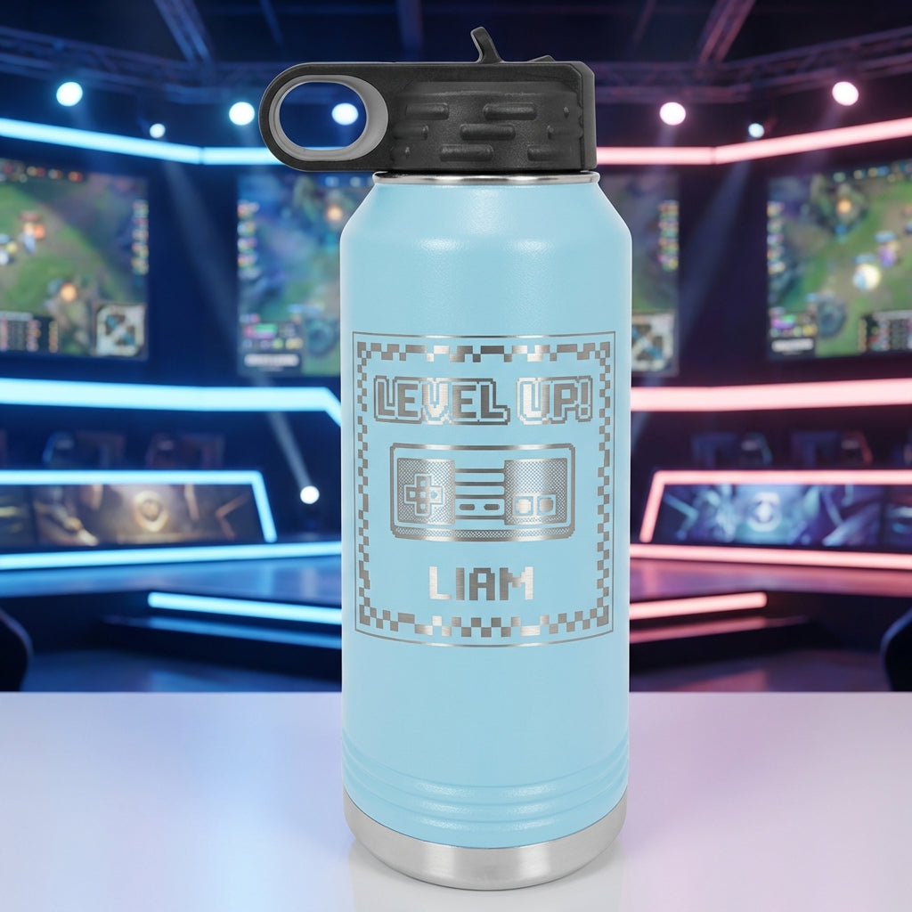 Personalized Gamer Water Bottle Gift - Level Up Video Game Controller - Custom Laser Engraved Insulated Bottle for Gamers & Players - View 6