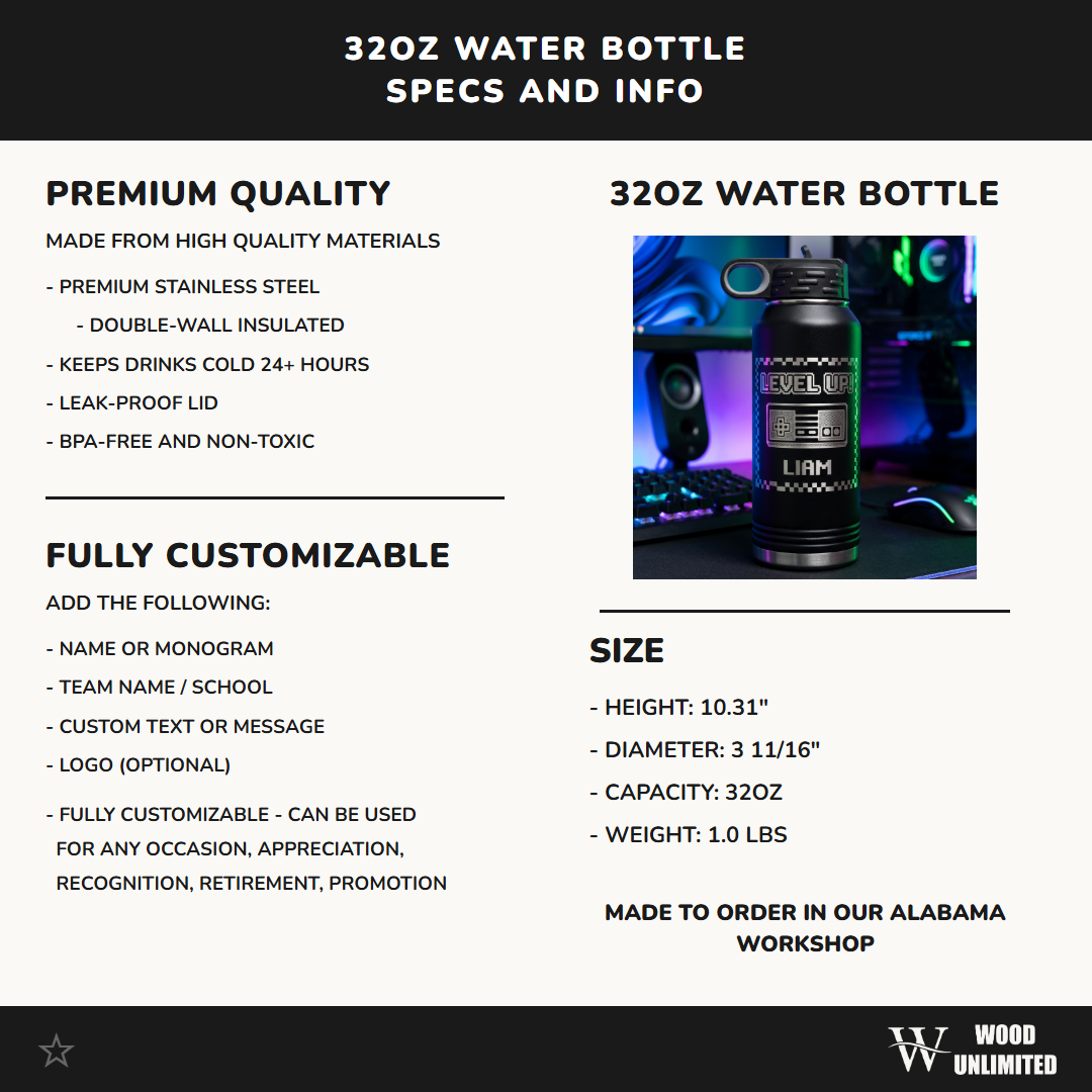 Personalized Gamer Water Bottle Gift - Level Up Video Game Controller - Custom Laser Engraved Insulated Bottle for Gamers & Players