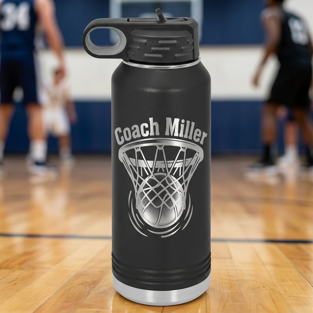 Personalized Basketball Coach Water Bottle Gift - End of Season Thank You - Laser Engraved Durable Custom Name - View 1