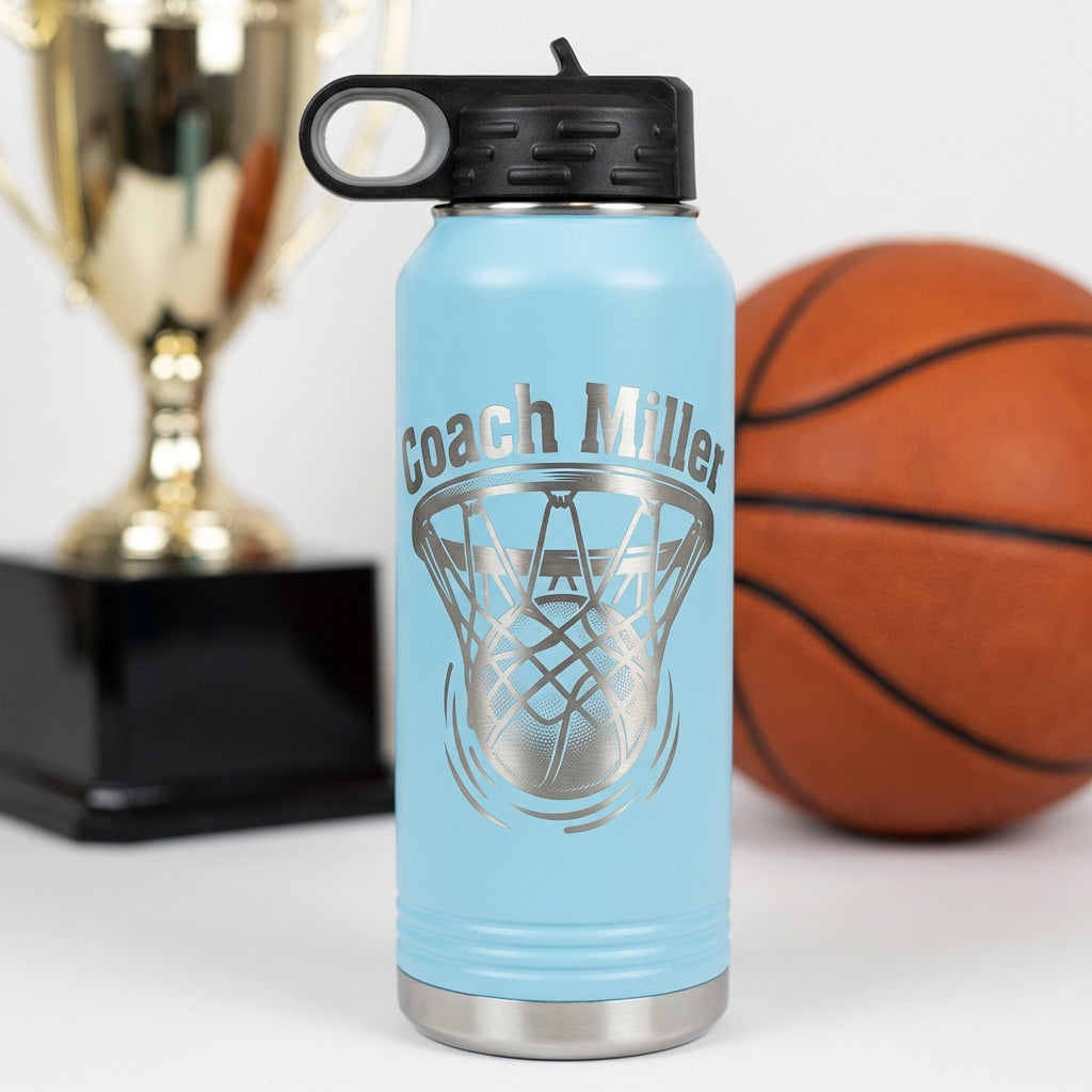 Personalized Basketball Coach Water Bottle Gift - End of Season Thank You - Laser Engraved Durable Custom Name - View 6