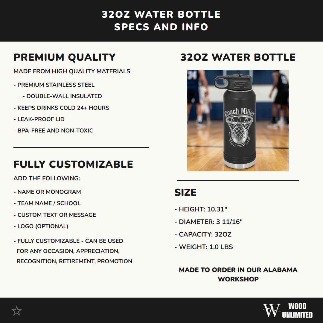 Personalized Basketball Coach Water Bottle Gift - End of Season Thank You - Laser Engraved Durable Custom Name