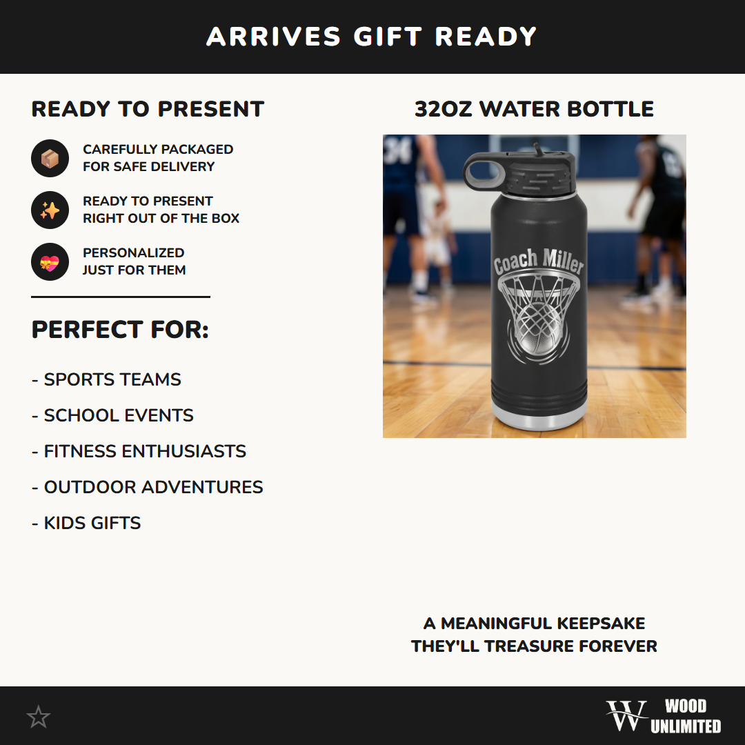 Personalized Basketball Coach Water Bottle Gift - End of Season Thank You - Laser Engraved Durable Custom Name