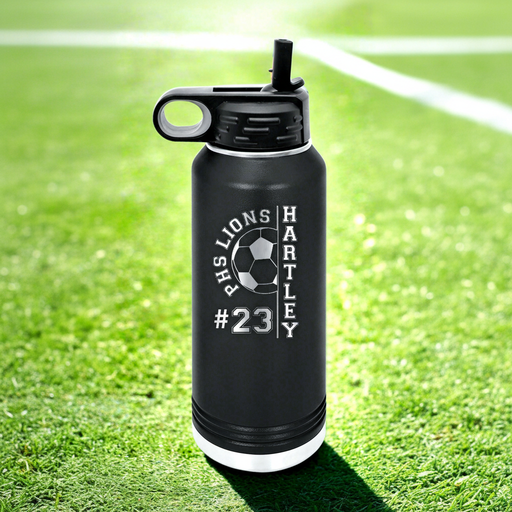 Design 1 – Soccer team water bottle with team name, player name, and jersey number engraved
