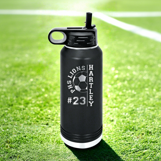 Design 1 – Soccer team water bottle with team name, player name, and jersey number engraved