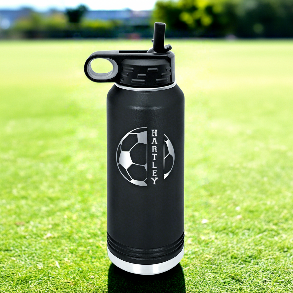 Design 2 – Custom soccer water bottle with soccer ball and player name laser engraved