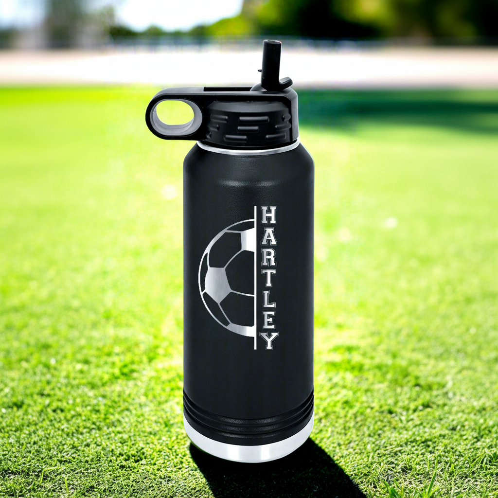 Design 3 – Personalized soccer bottle with half soccer ball and vertical name design