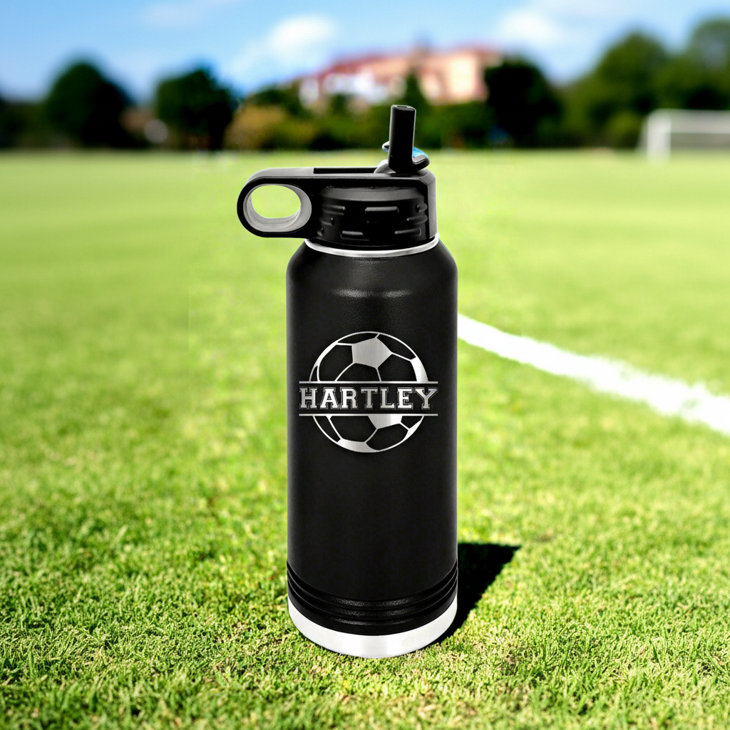 Design 4 – Soccer coach gift water bottle with soccer ball banner and custom name