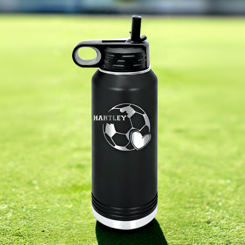 Design 5 – Soccer mom gift bottle with heart soccer ball design and personalized name