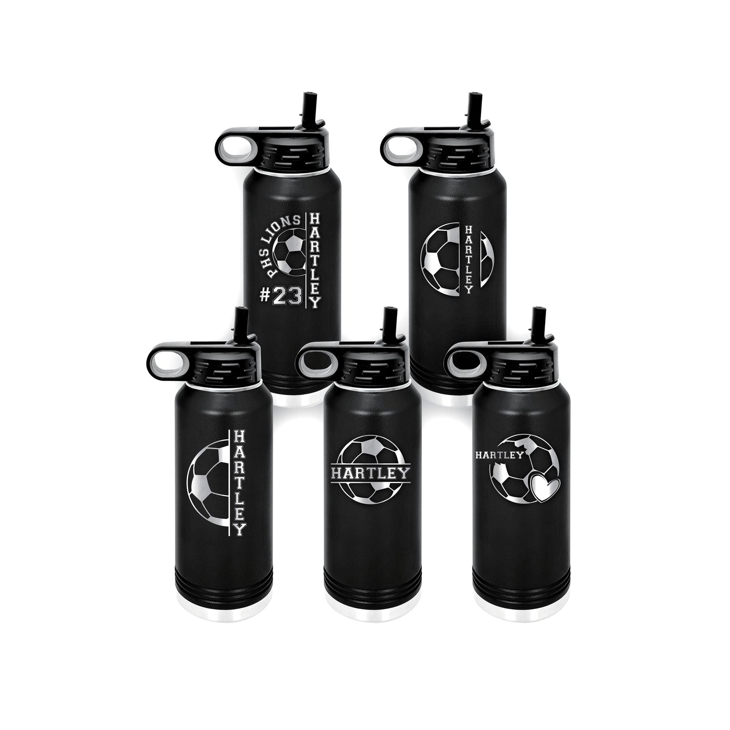 Personalized Soccer Water Bottles – 5 custom engraved designs on black 32oz stainless steel bottles with soccer ball graphics