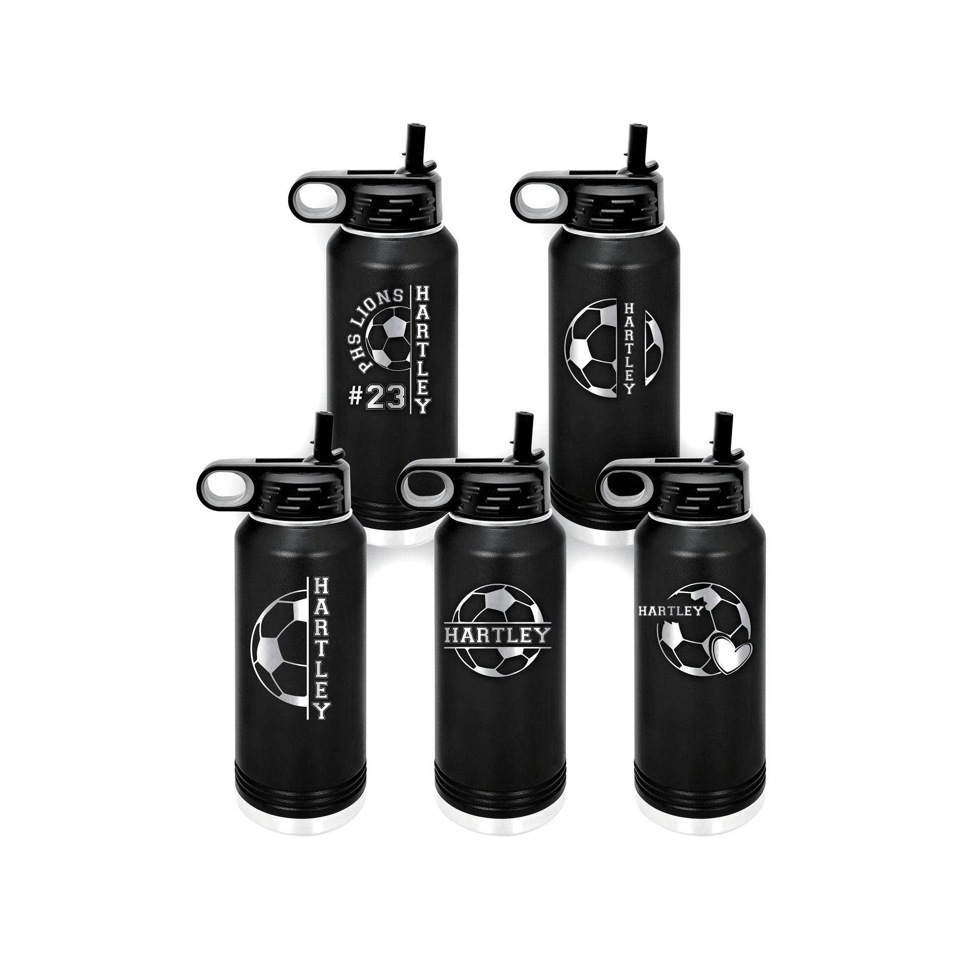 Personalized Soccer Water Bottles – 5 custom engraved designs on black 32oz stainless steel bottles with soccer ball graphics