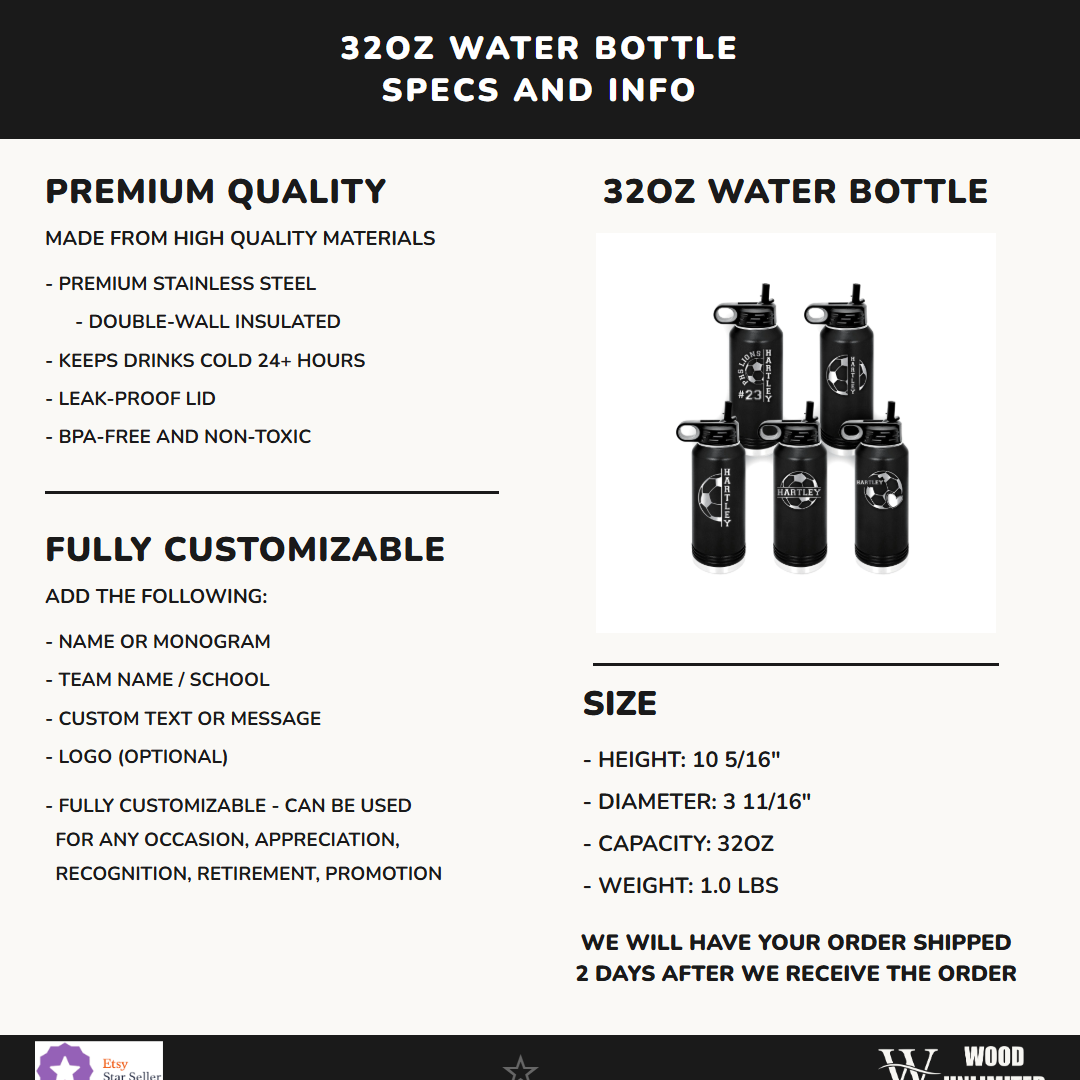 32oz Soccer Water Bottle Specs – Premium stainless steel, vacuum insulated, leak-proof, BPA-free, fully customizable