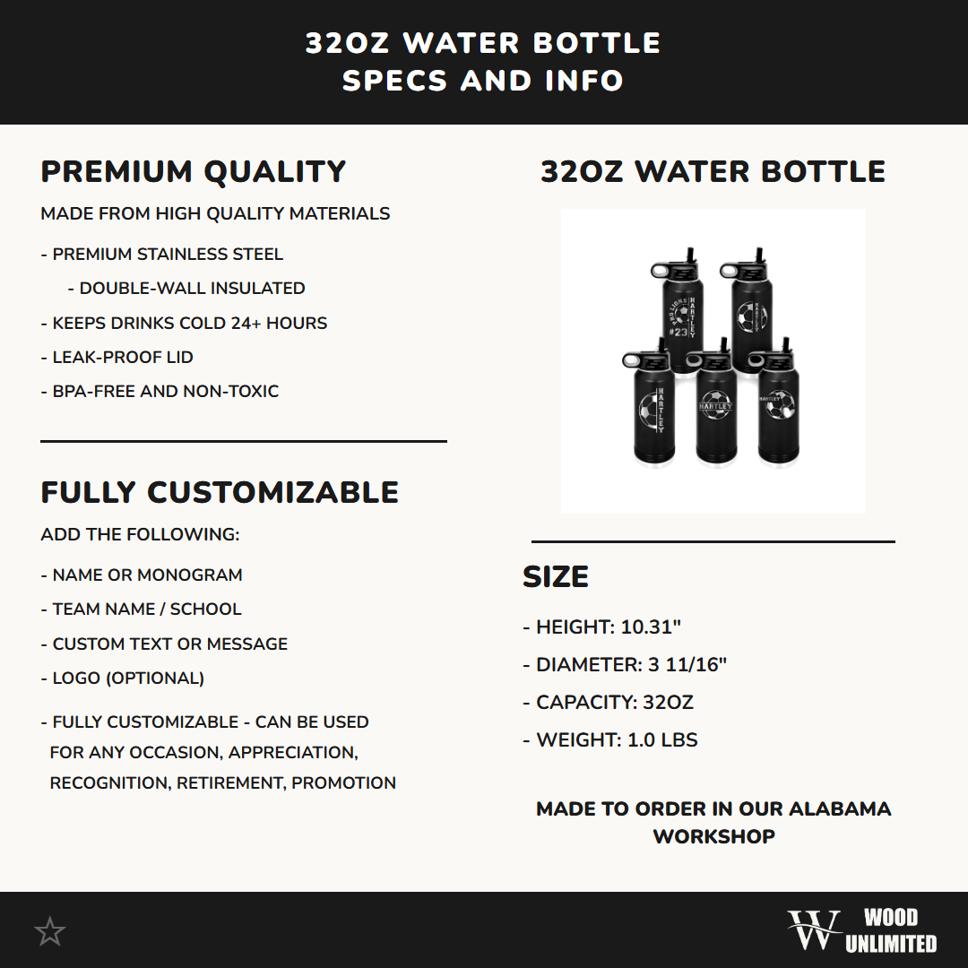 Soccer Water Bottle - Personalized Player Team Gift, Custom Engraved Sport Bottle, Durable 32oz Hydration