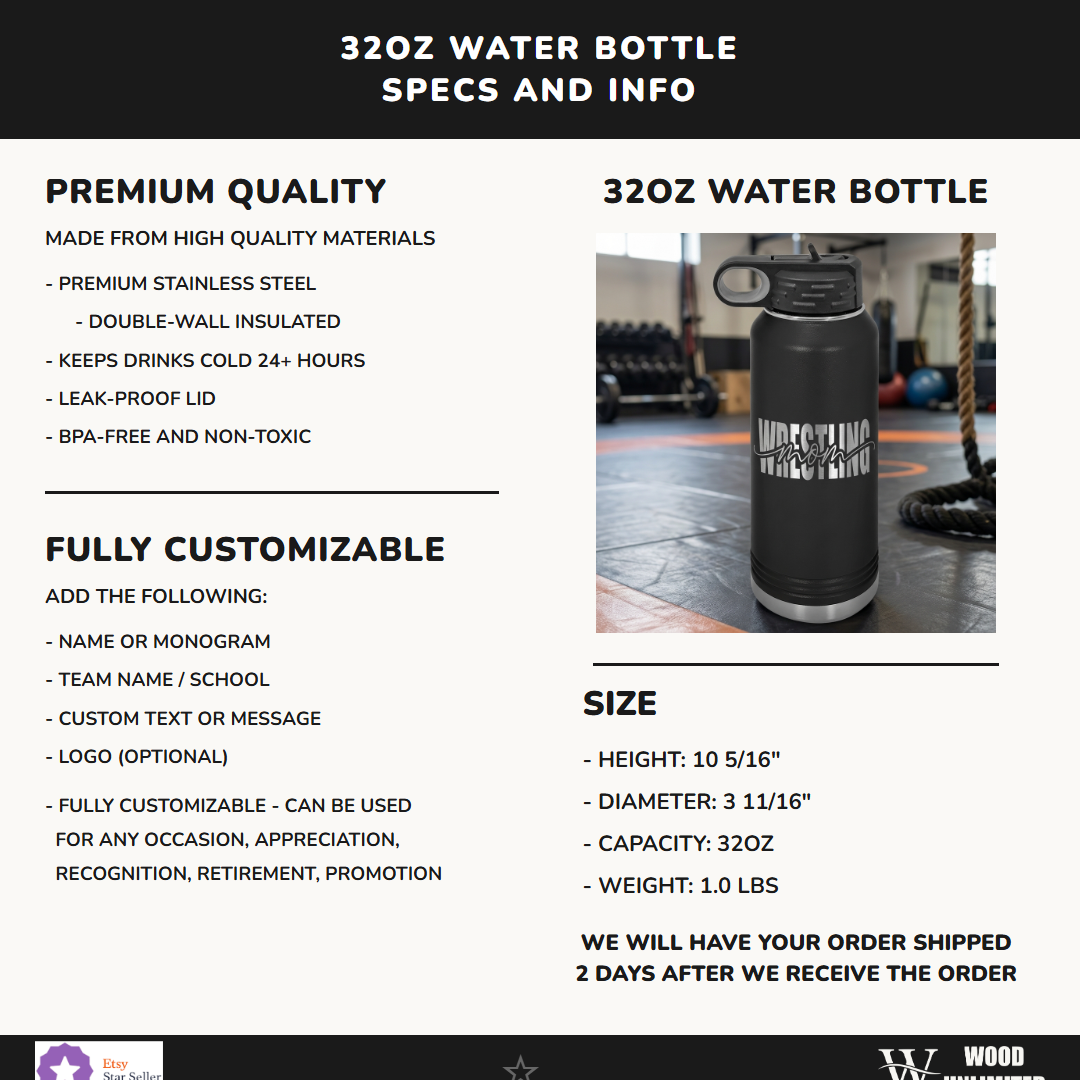 Personalized Wrestling Mom 32oz Water Bottle | Custom Gift for Mom of a Wrestler| Wrestling Team Mom Gift