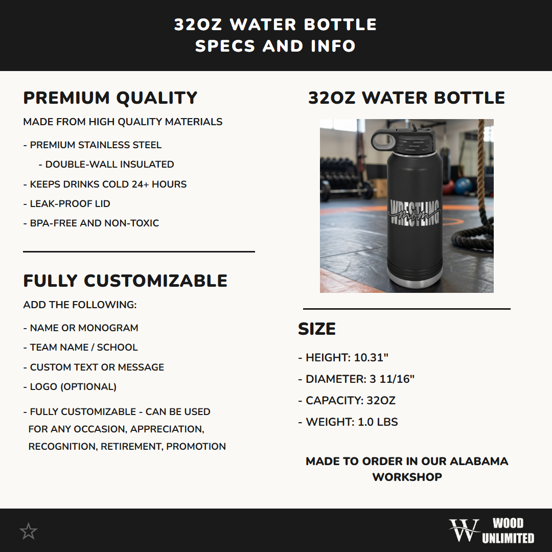 Personalized Wrestling Mom 32oz Water Bottle | Custom Gift for Mom of a Wrestler| Wrestling Team Mom Gift