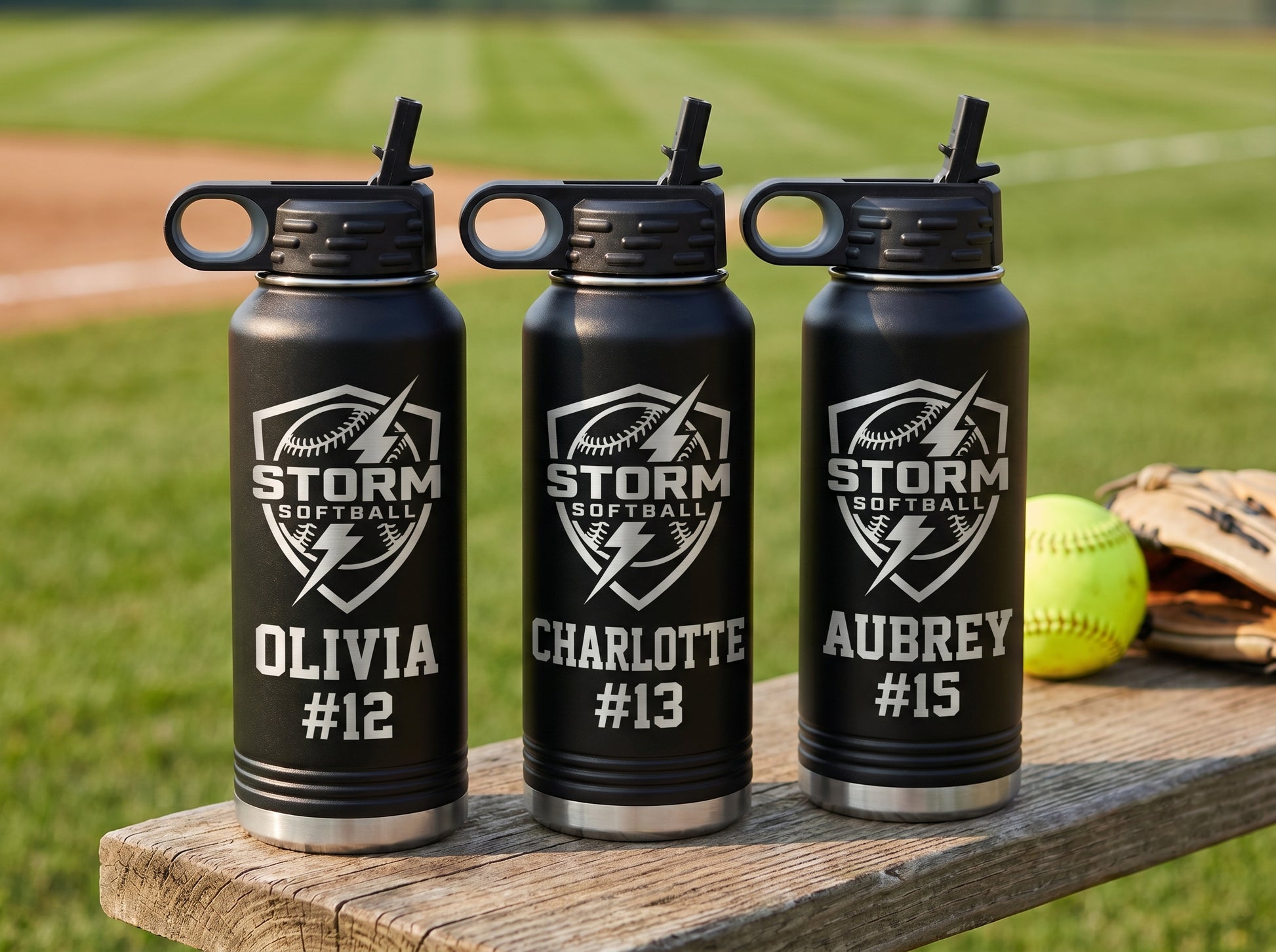 three black softball team water bottles with team crest and individual player jersey numbers