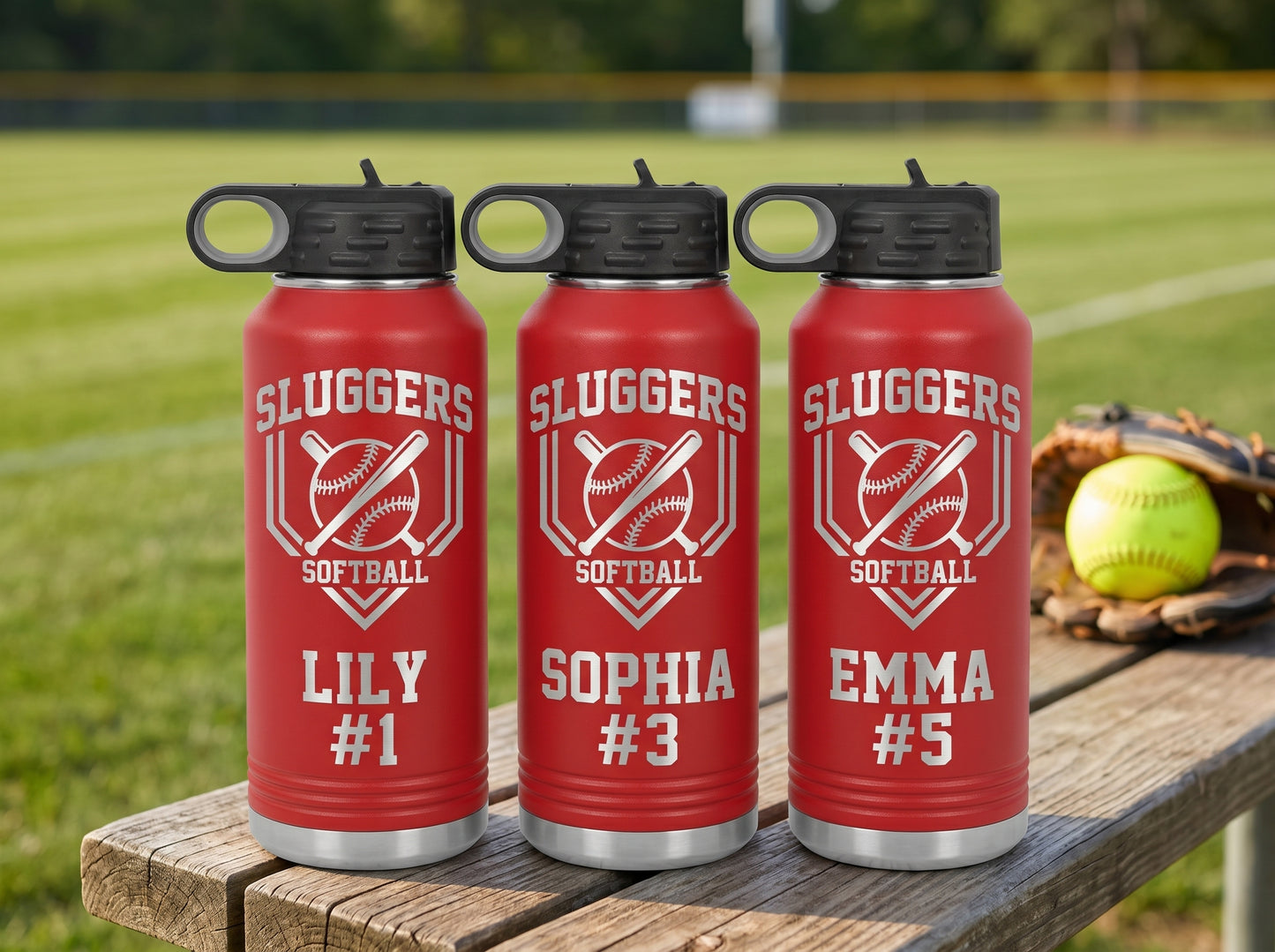 three red softball team water bottles personalized with player names and numbers on bench