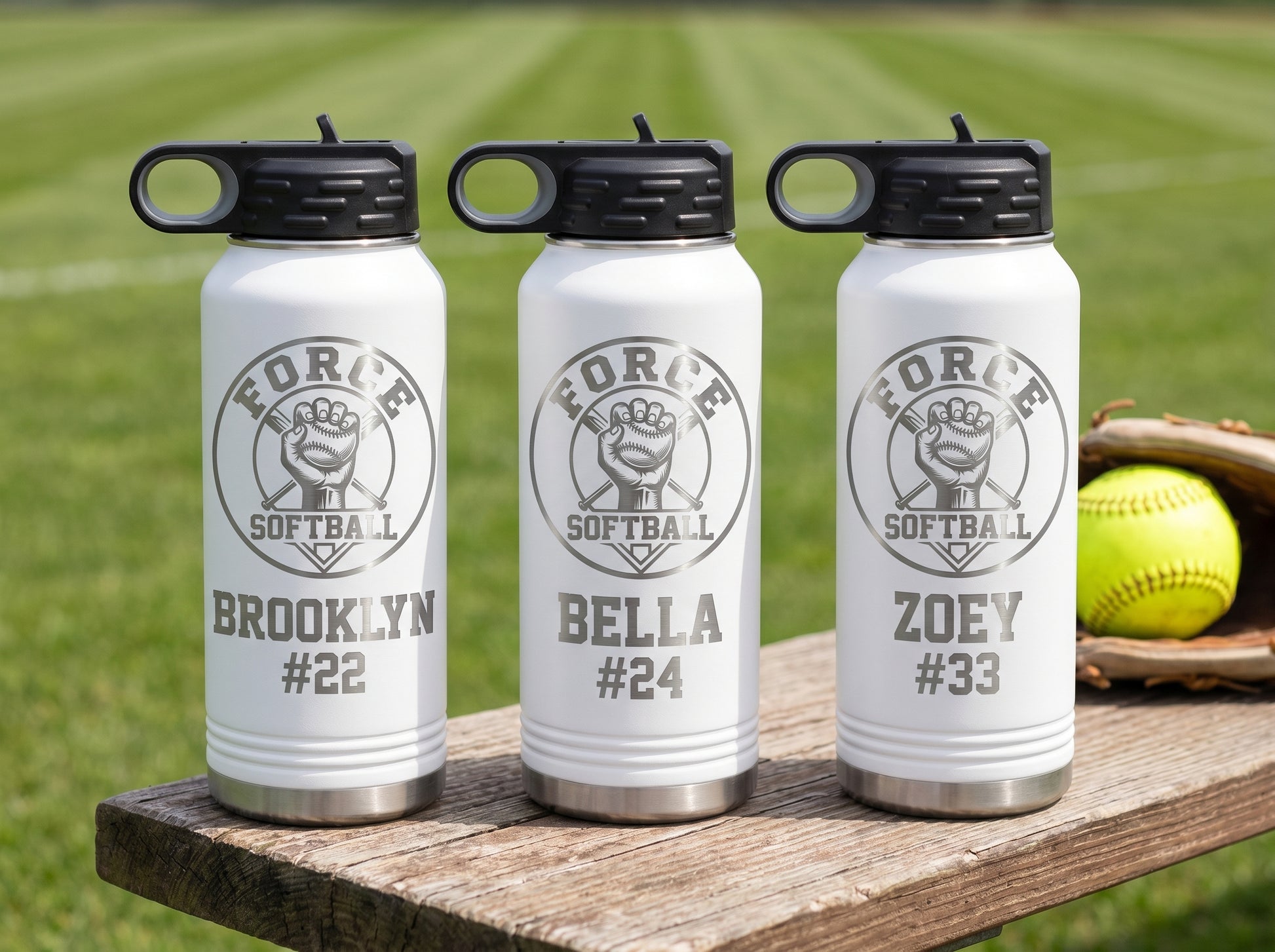 three white softball team water bottles personalized with player names and numbers for team roster
