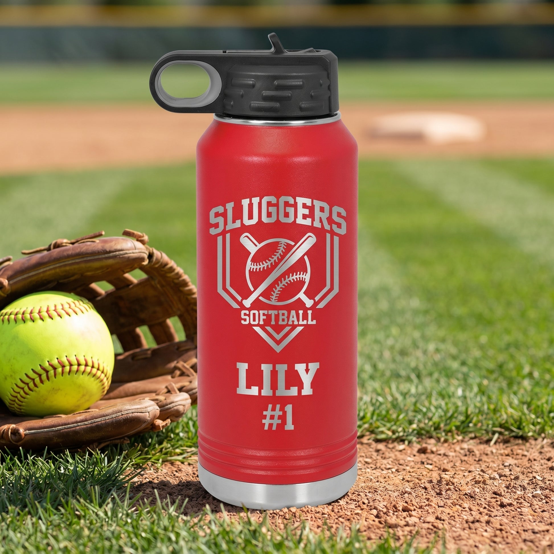 red 32oz softball water bottle personalized player name engraved stainless steel