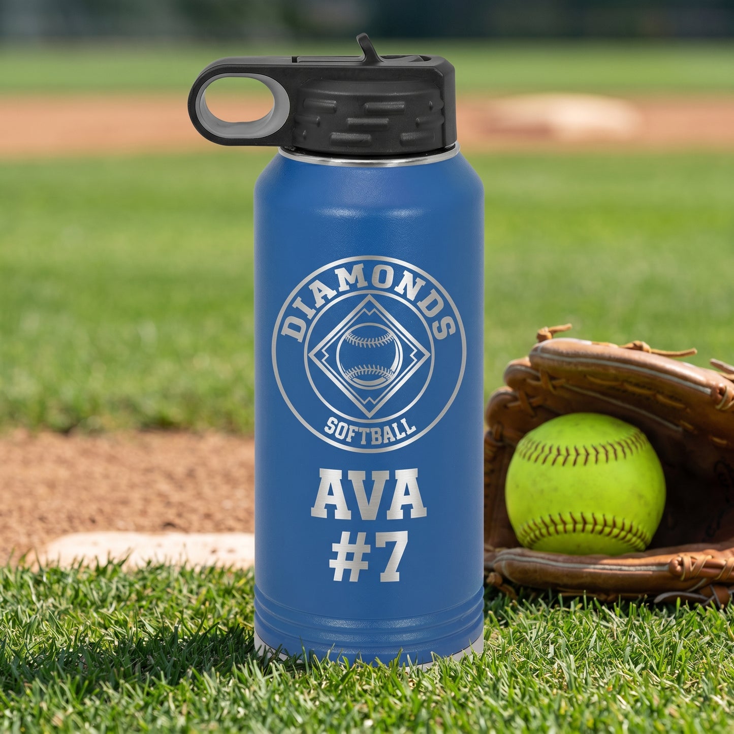 royal blue 32oz softball team water bottle custom engraved with player jersey number