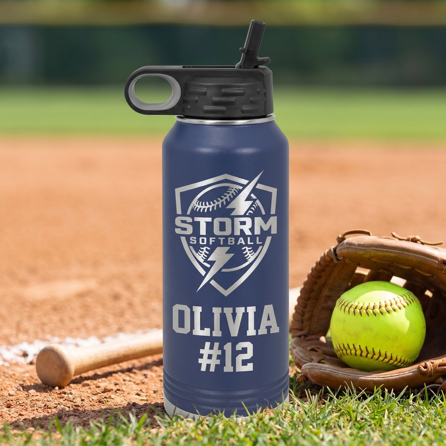 navy blue 32oz engraved softball water bottle with team crest and player name
