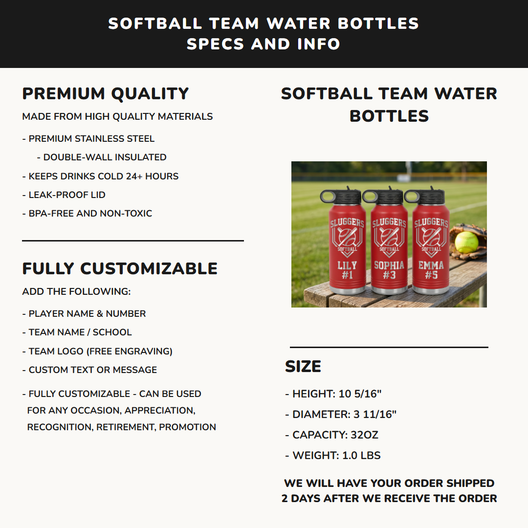 32oz softball team water bottle specifications premium stainless steel laser engraved