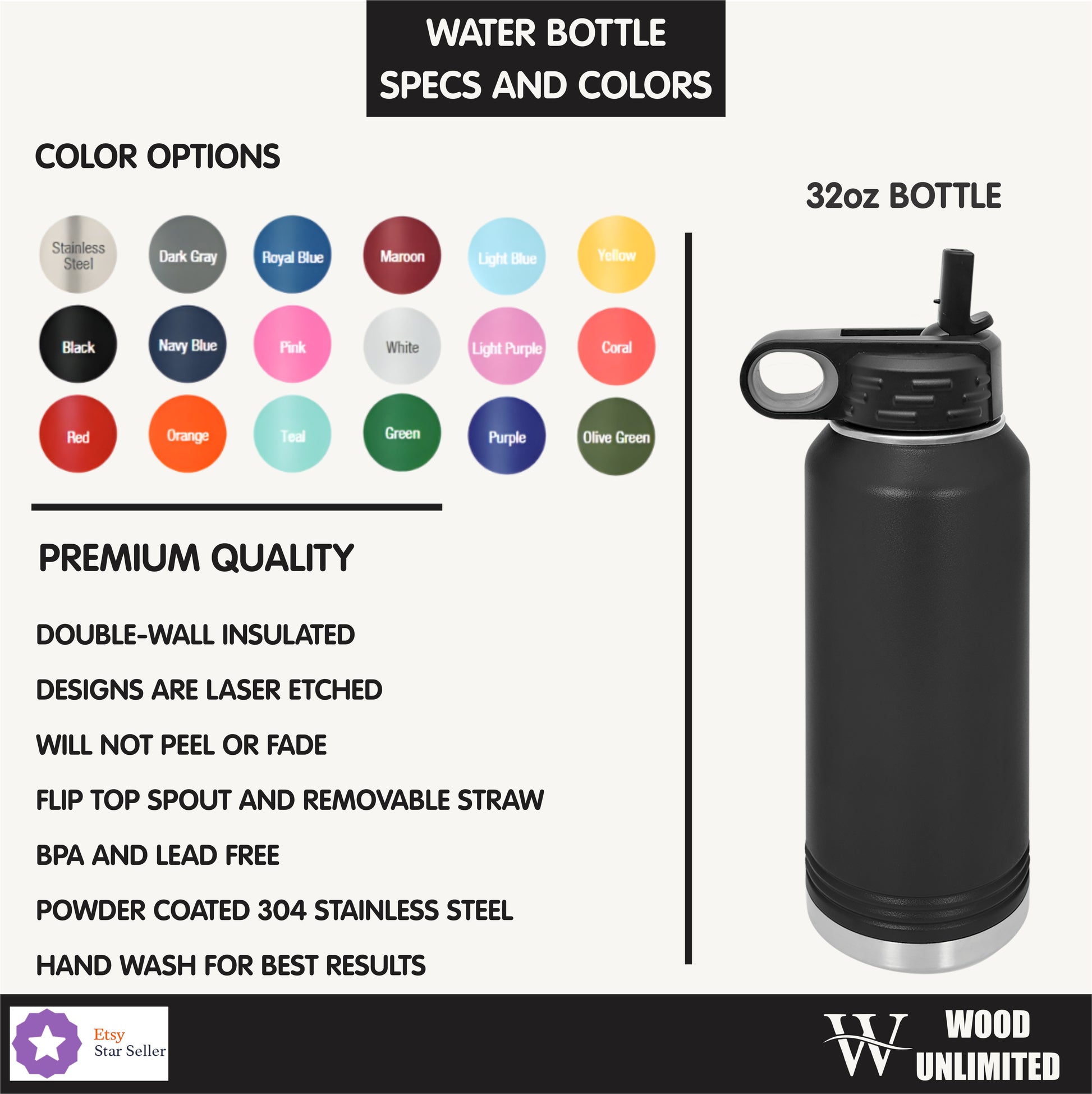 all 17 available bottle colors for personalized sport team water bottles wood unlimited