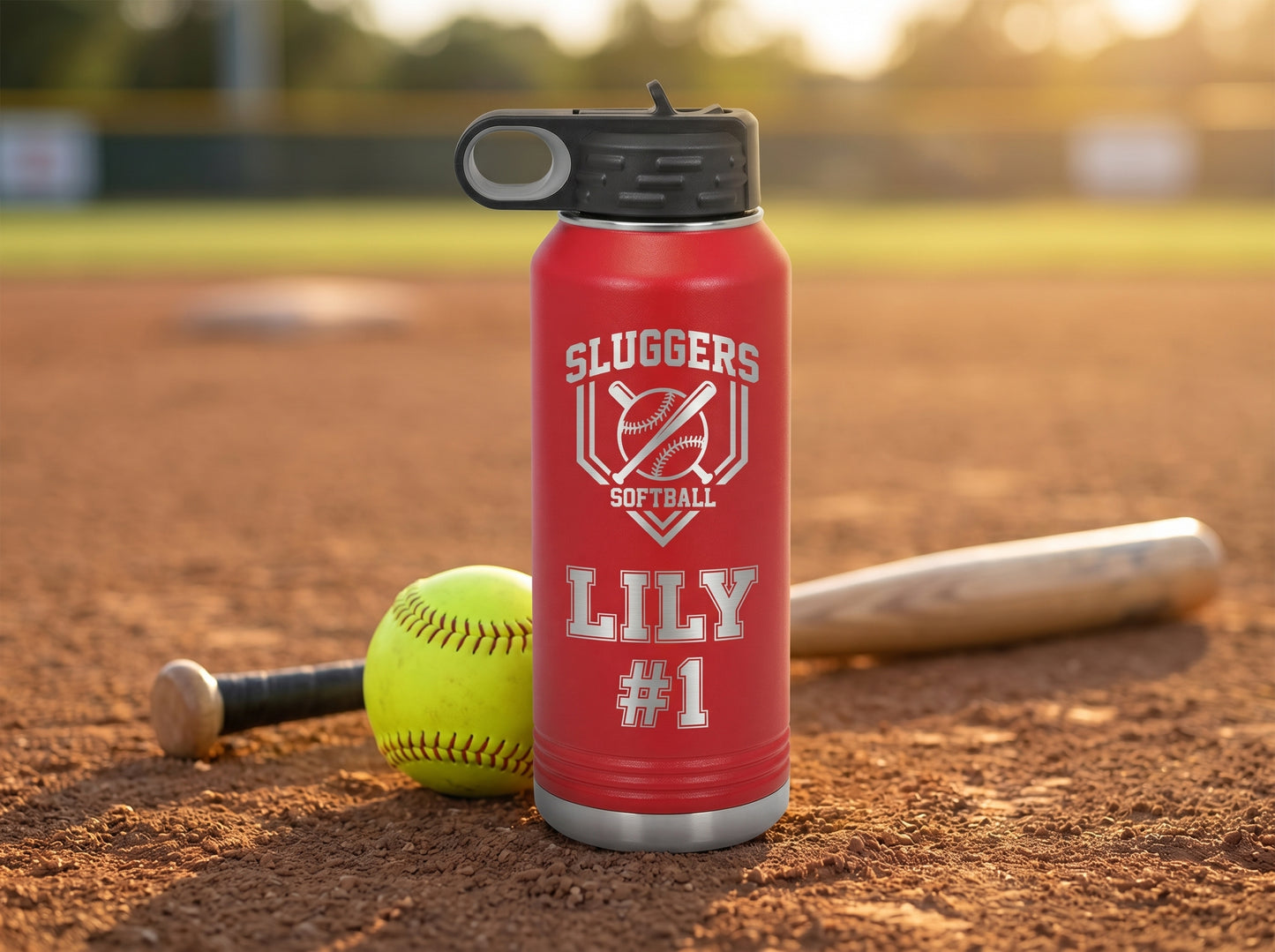 softball team water bottle on infield dirt with bat and softball golden hour light