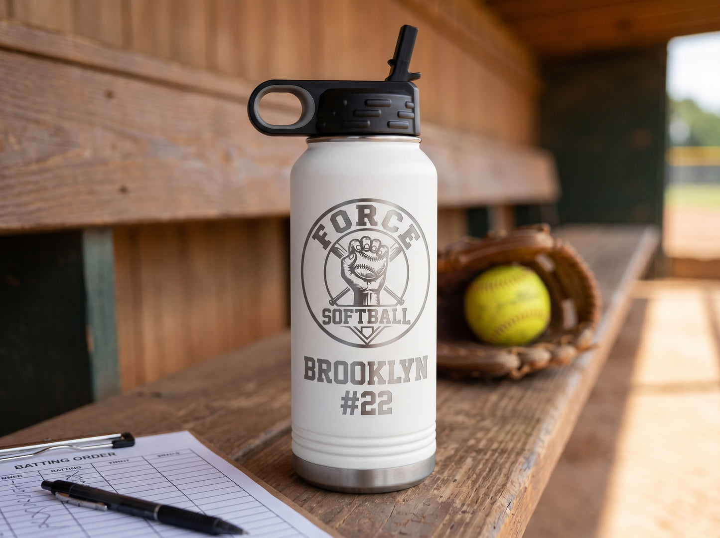 white engraved softball water bottle on dugout bench with batting order clipboard