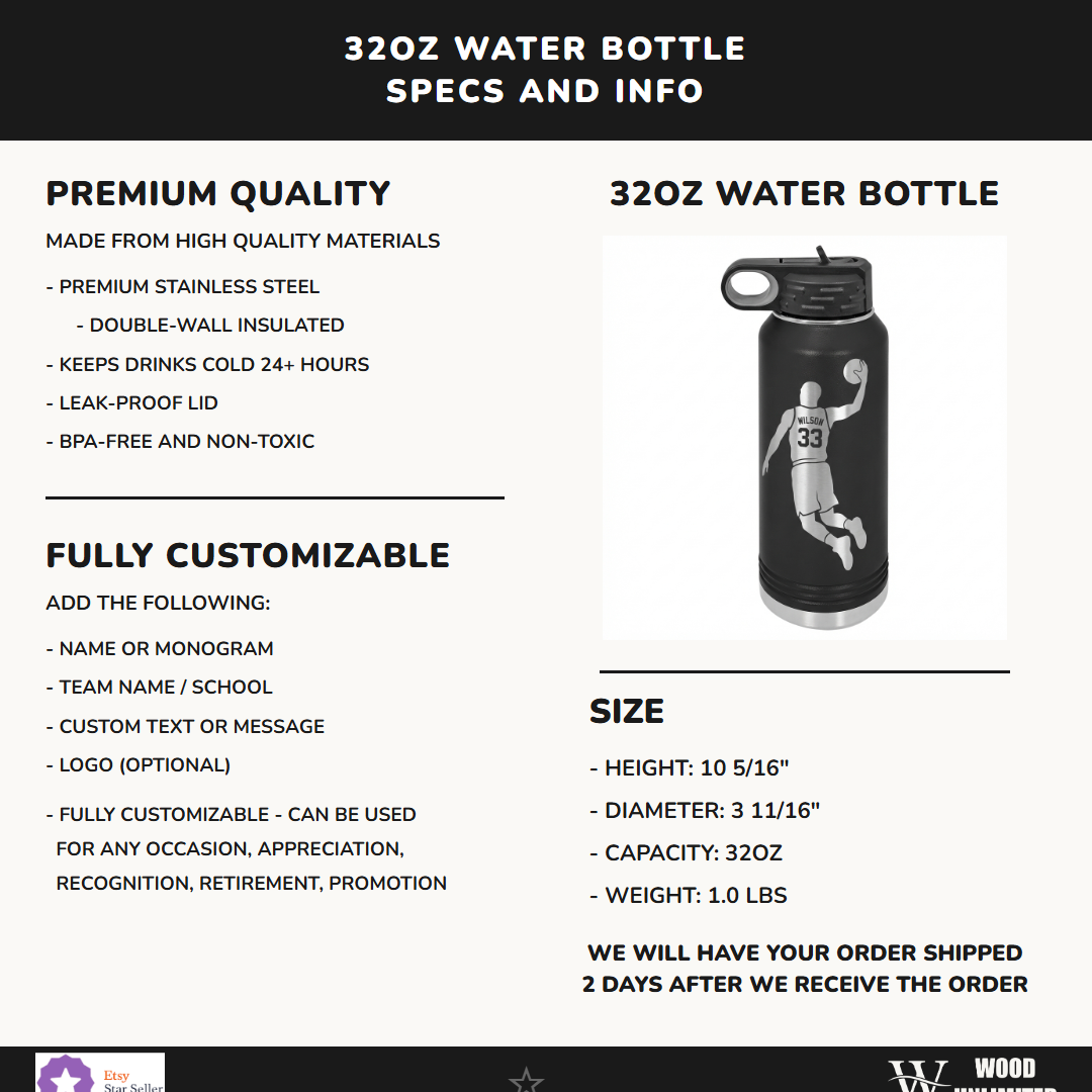 Personalized Basketball Player Water Bottle | Custom Team Gift | Laser Engraved Sports Bottle | Athlete Hydration | Name & Number