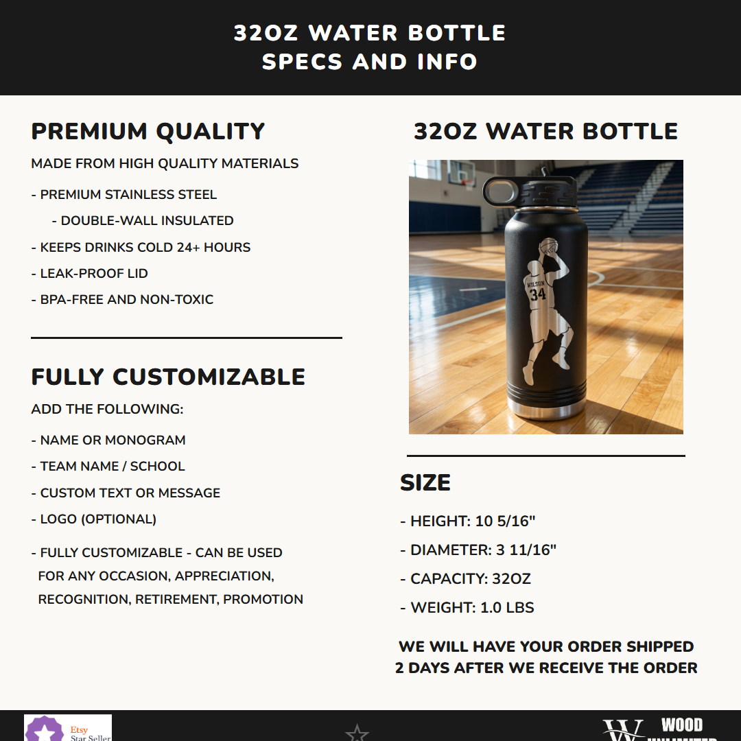 Personalized Basketball Player Water Bottle - Custom Engraved Sports Gift - Athlete Hydration - Team Appreciation Present