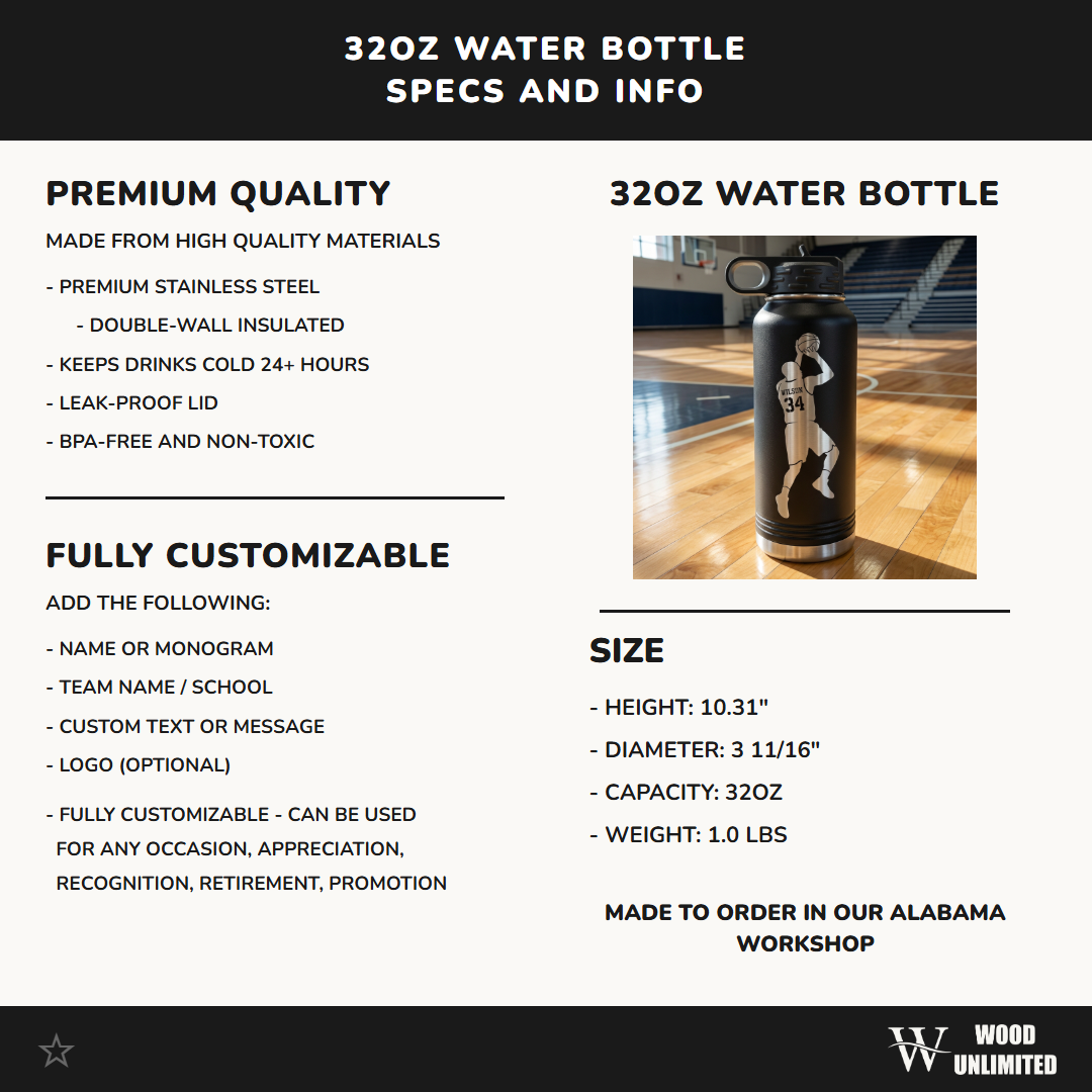 Personalized Basketball Water Bottle, Custom Engraved Sports Gift for Team, End of Season Player Present