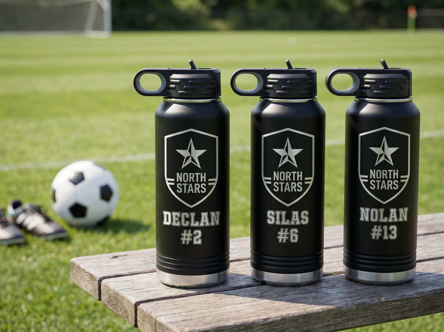 three black soccer team water bottles with team crest and individual player jersey numbers
