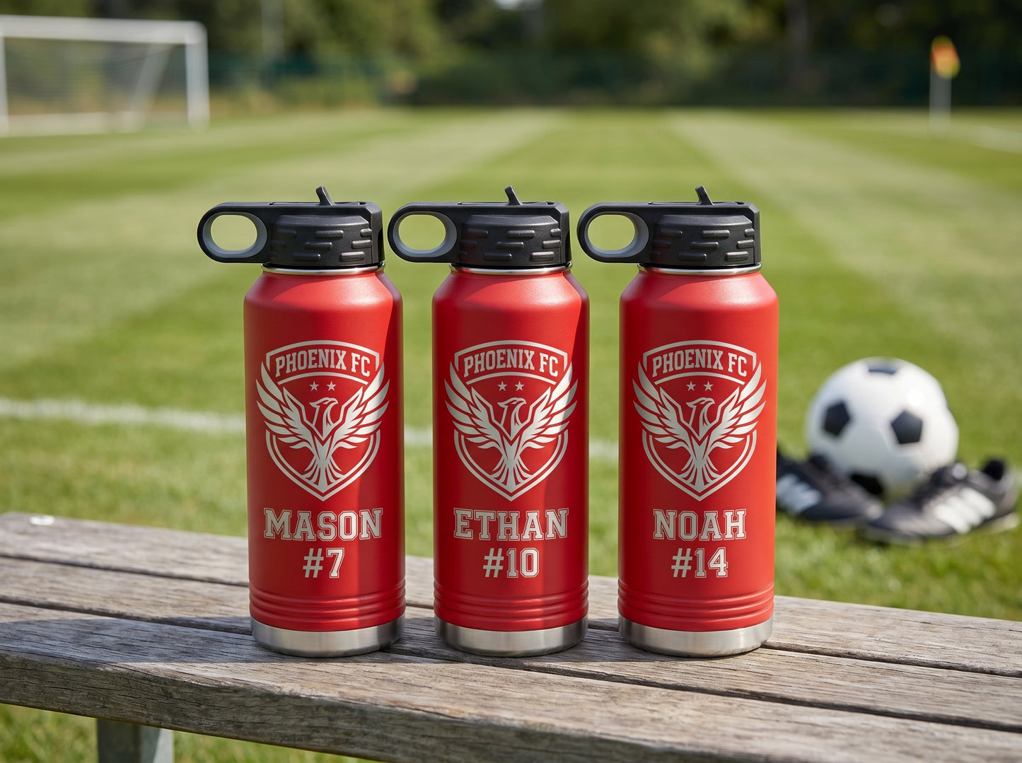 three red soccer team water bottles personalized with player names and numbers on bench