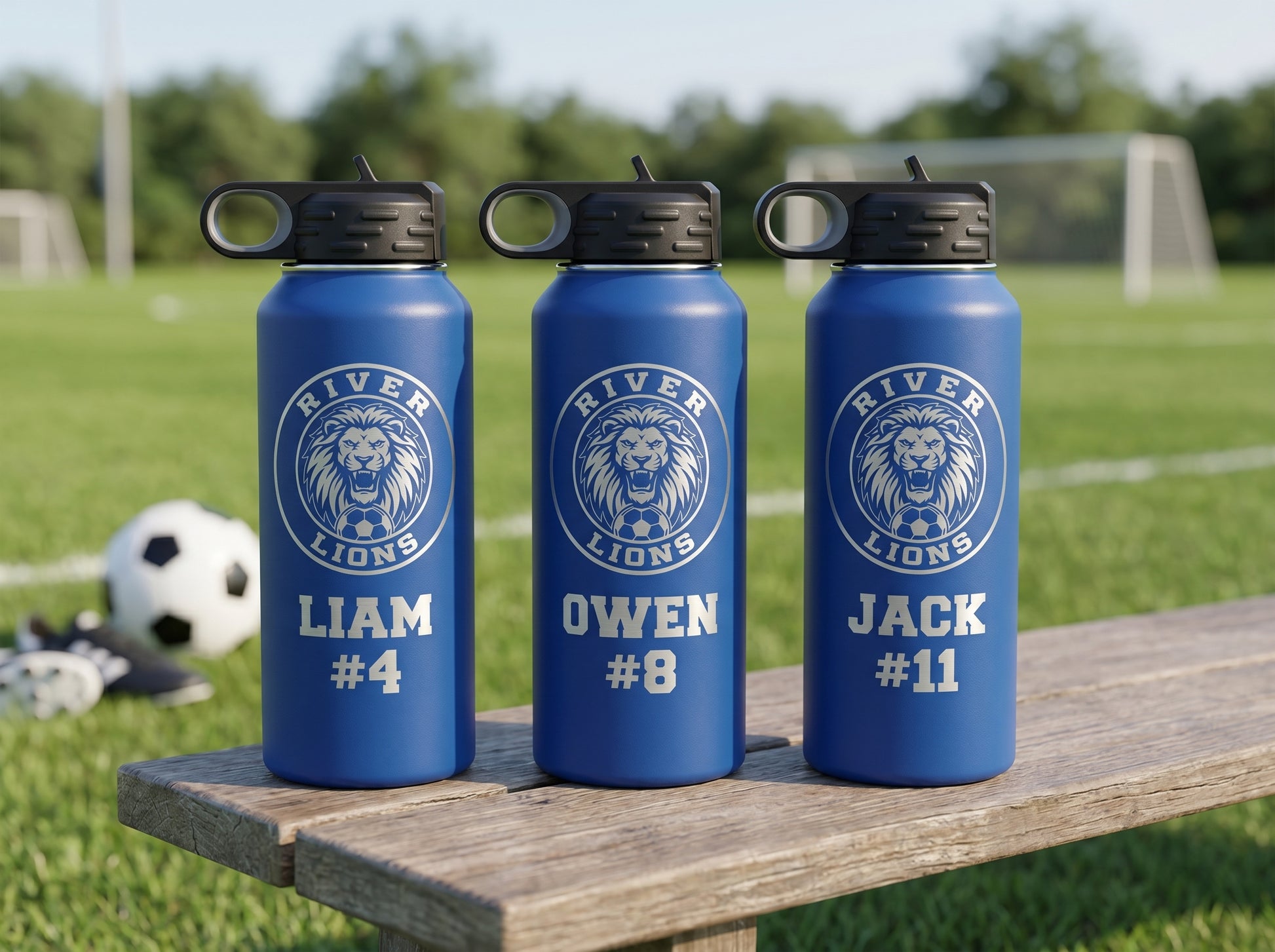 three royal blue soccer water bottles with team logo and player names lined up on bench