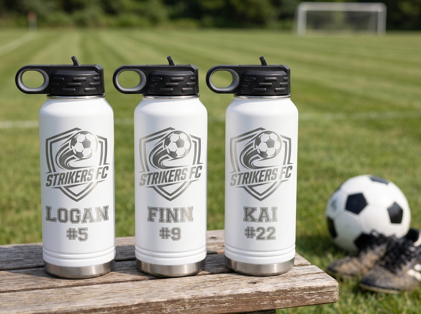 three white soccer team water bottles personalized with player names and numbers for team roster