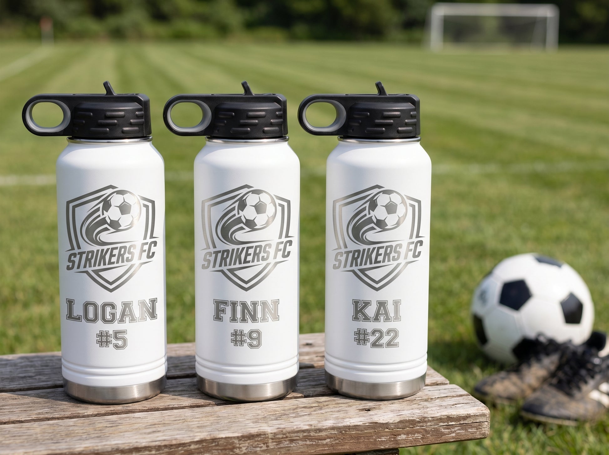 three white soccer team water bottles personalized with player names and numbers for team roster