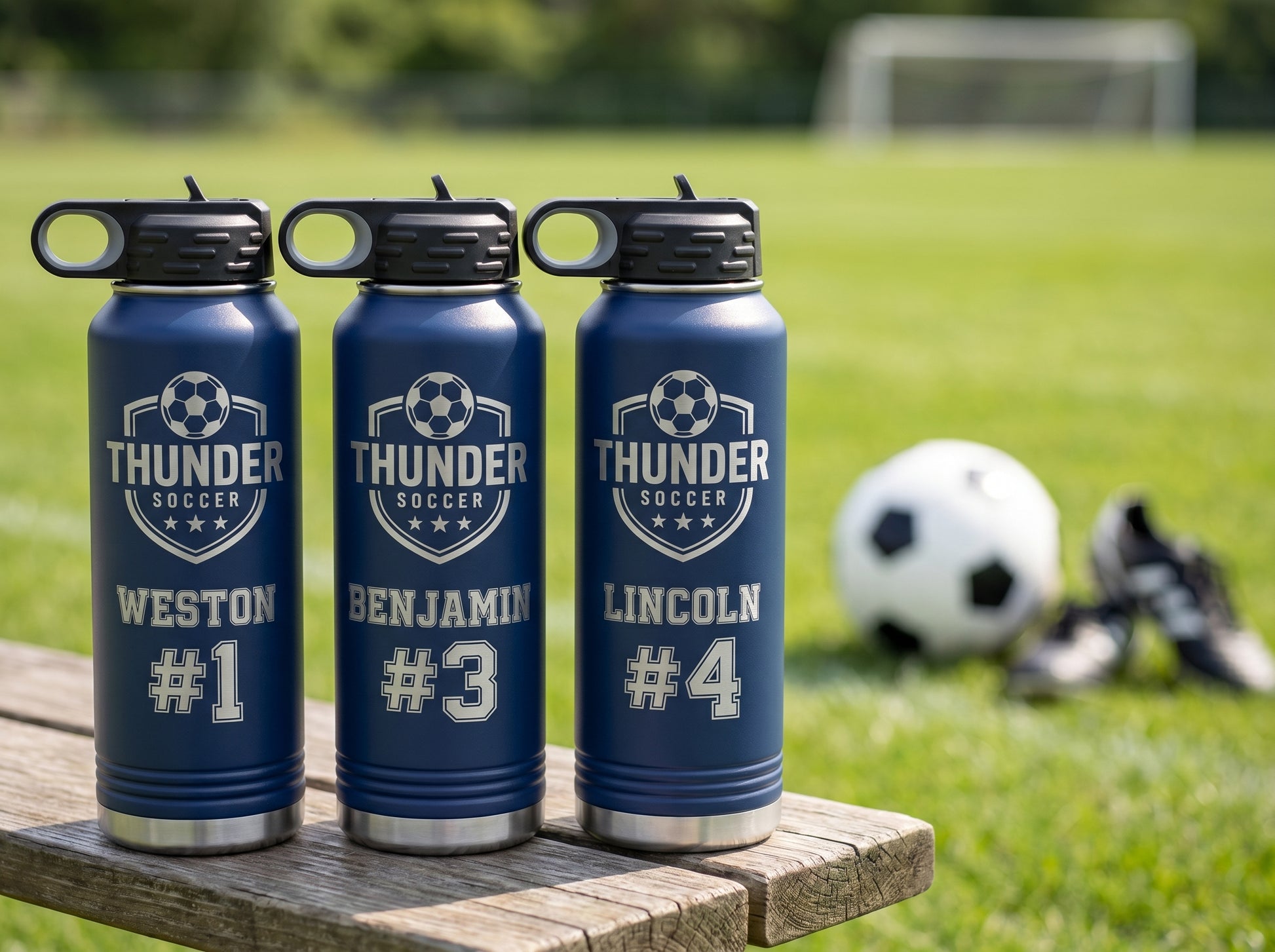 personalized soccer team water bottles navy blue 32oz with player names and jersey numbers