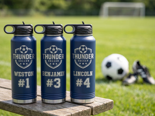 personalized soccer team water bottles navy blue 32oz with player names and jersey numbers