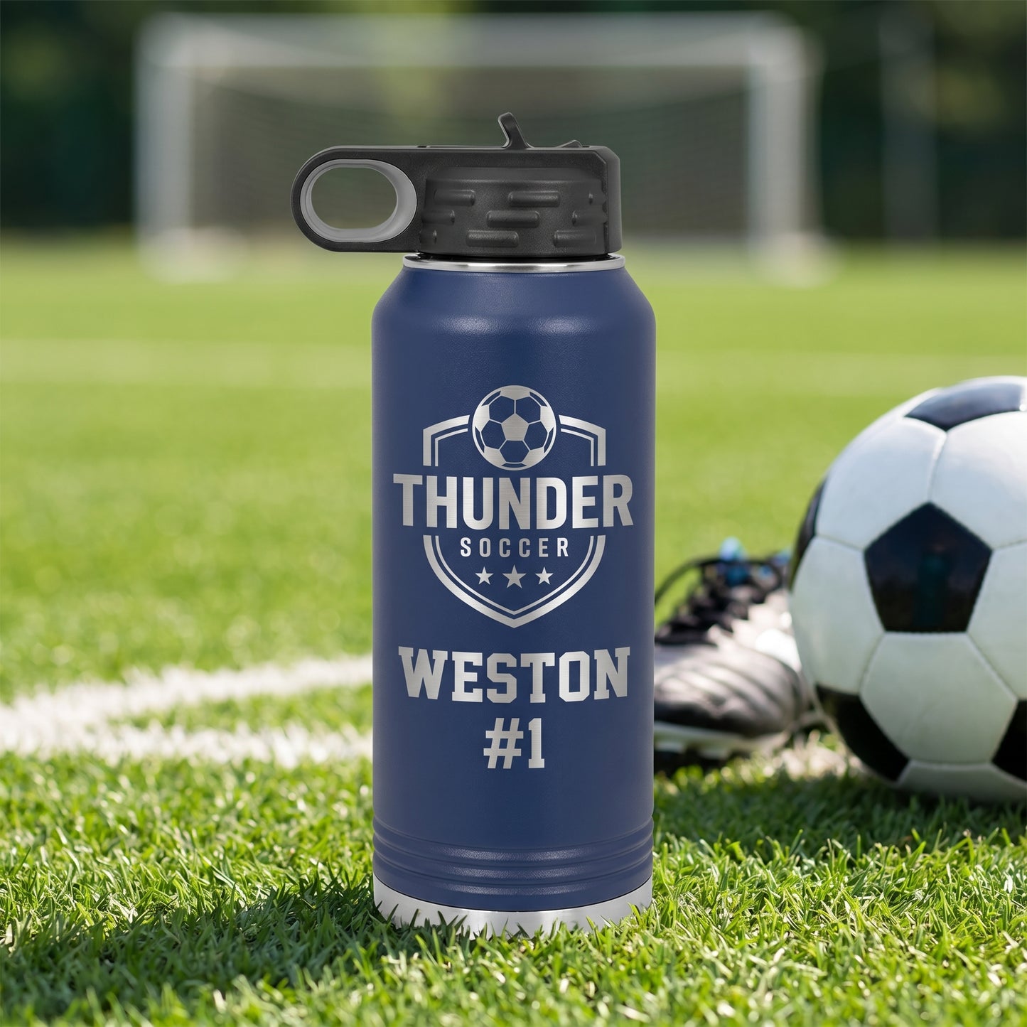 navy blue 32oz water bottle personalized soccer player name engraved stainless steel
