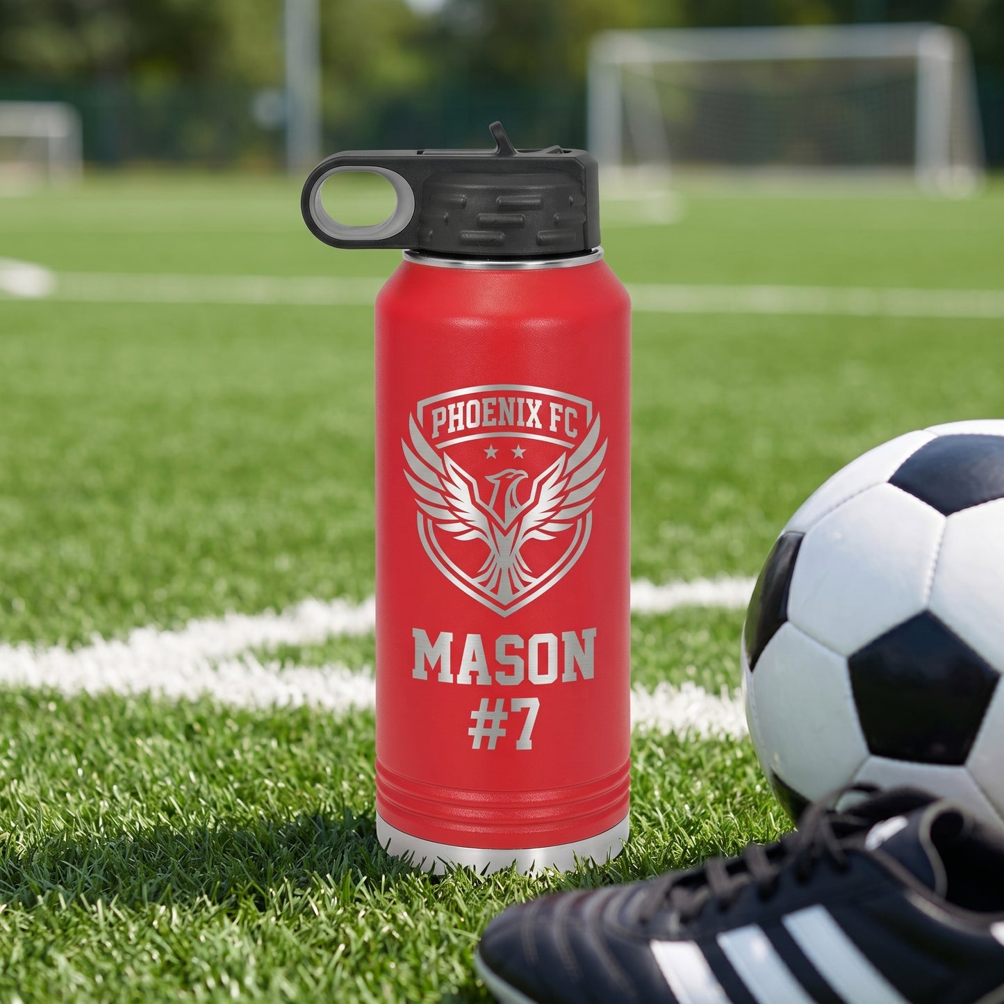 red 32oz soccer team water bottle custom engraved with player jersey number