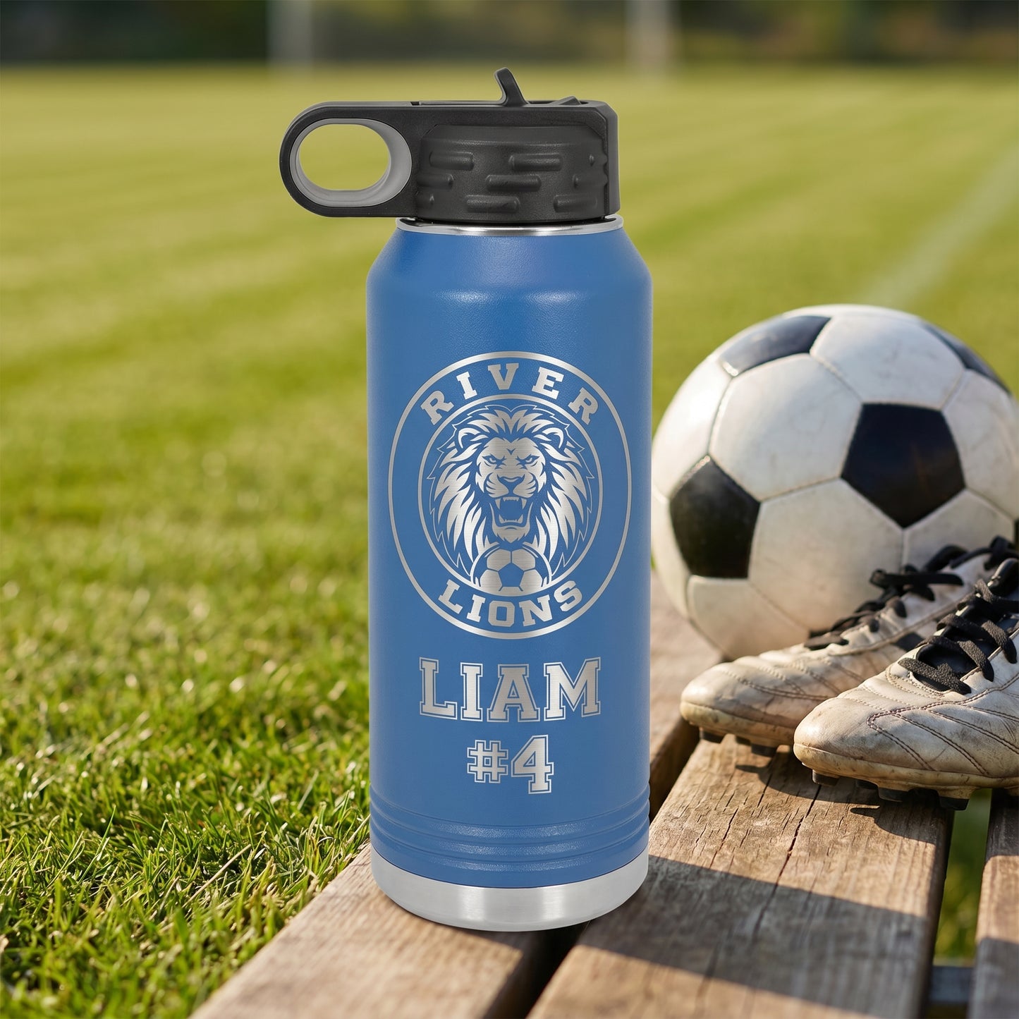 royal blue 32oz engraved soccer water bottle with team crest and player name