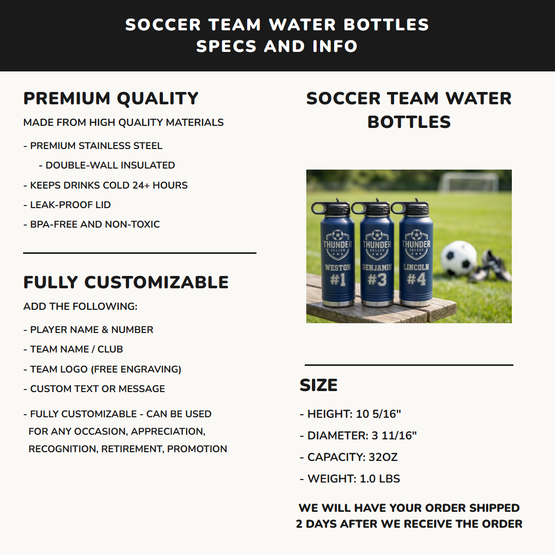 32oz soccer team water bottle specifications premium stainless steel laser engraved