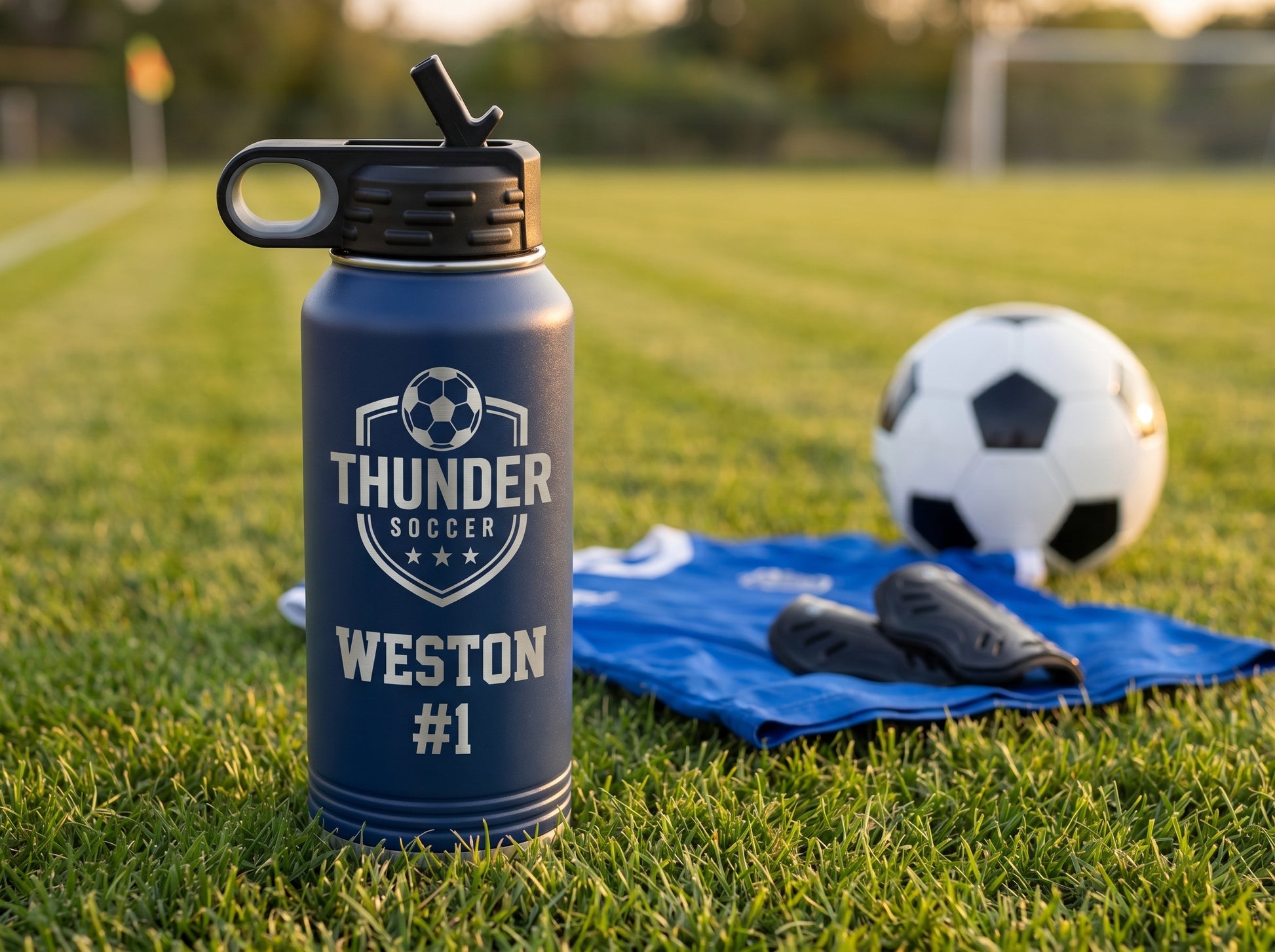 soccer team water bottle on practice field with ball and shin guards golden hour
